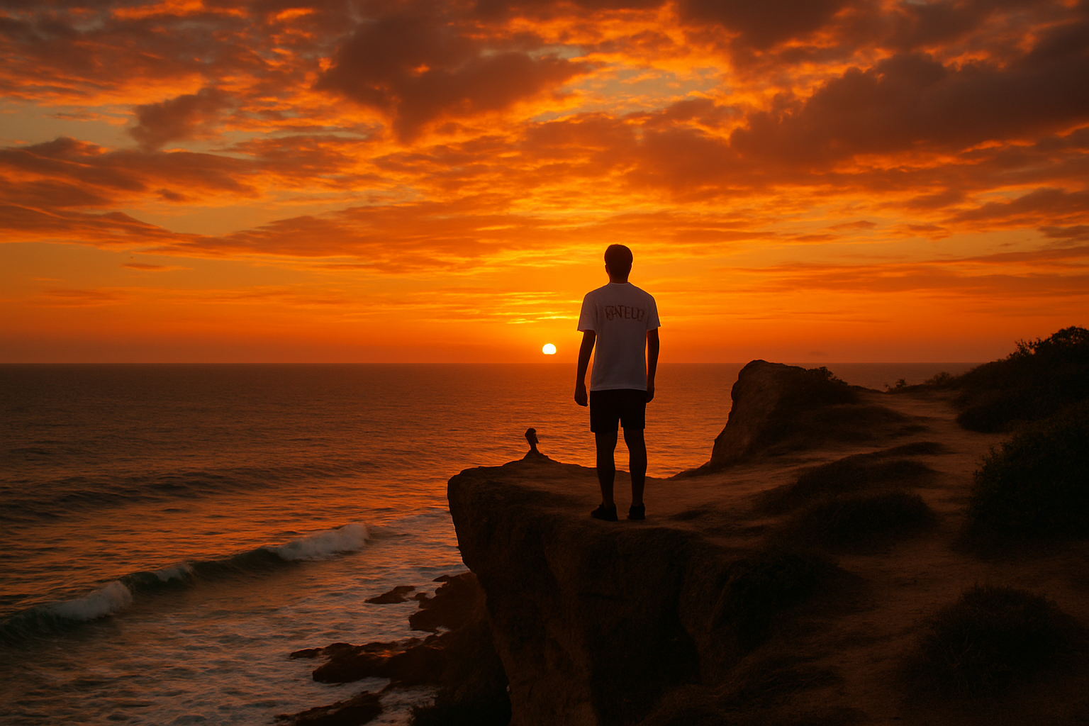 UNE FALAISE? UN COUCH2 DE SOLEIL ET UN MEC DEVANT AVEC UN TSHIRT OU IL Y A ECRIT ORACE? LA MER EN FOND